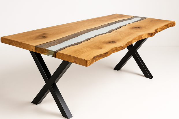 Natural Edge Timber Resin (Clear) River Dining Table - Live Edge