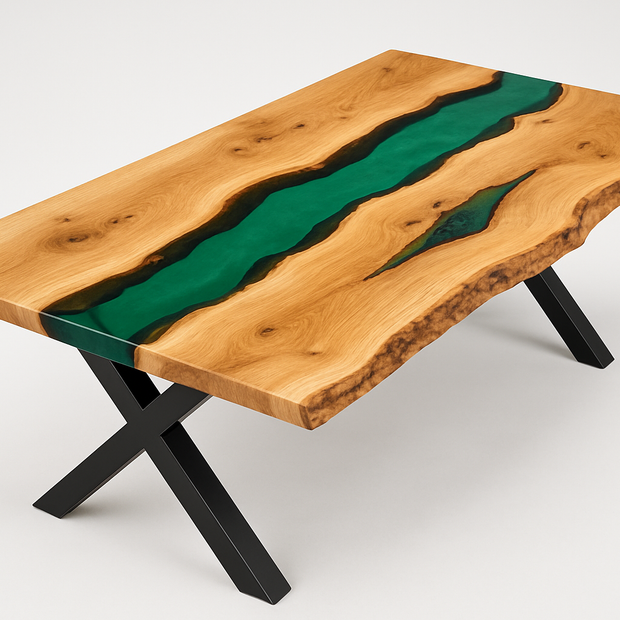 Natural Edge Timber Resin (Emerald) River Dining Table - Live Edge
